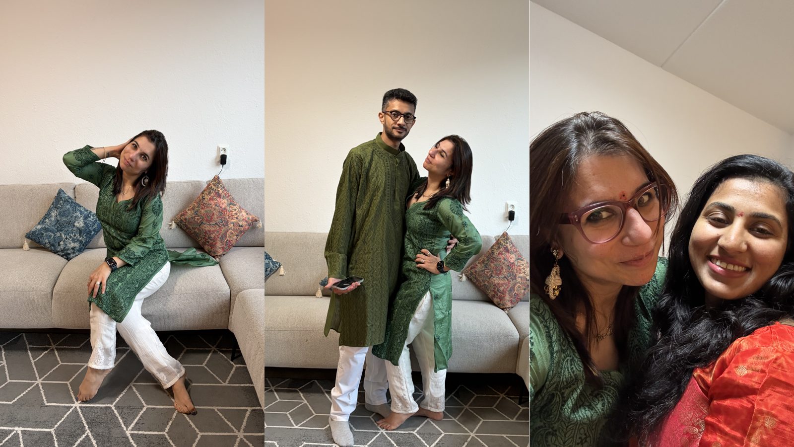 Swati in a green kurta celebrating Diwali with friends in the Netherlands