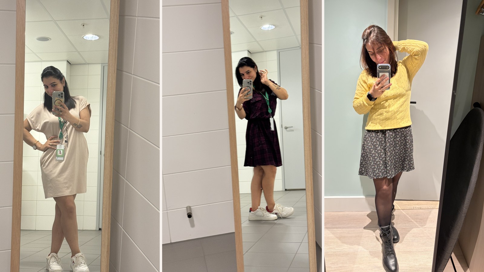 Three more office looks: a beige T-shirt dress, a check shirt dress and a yellow jumper with a skirt