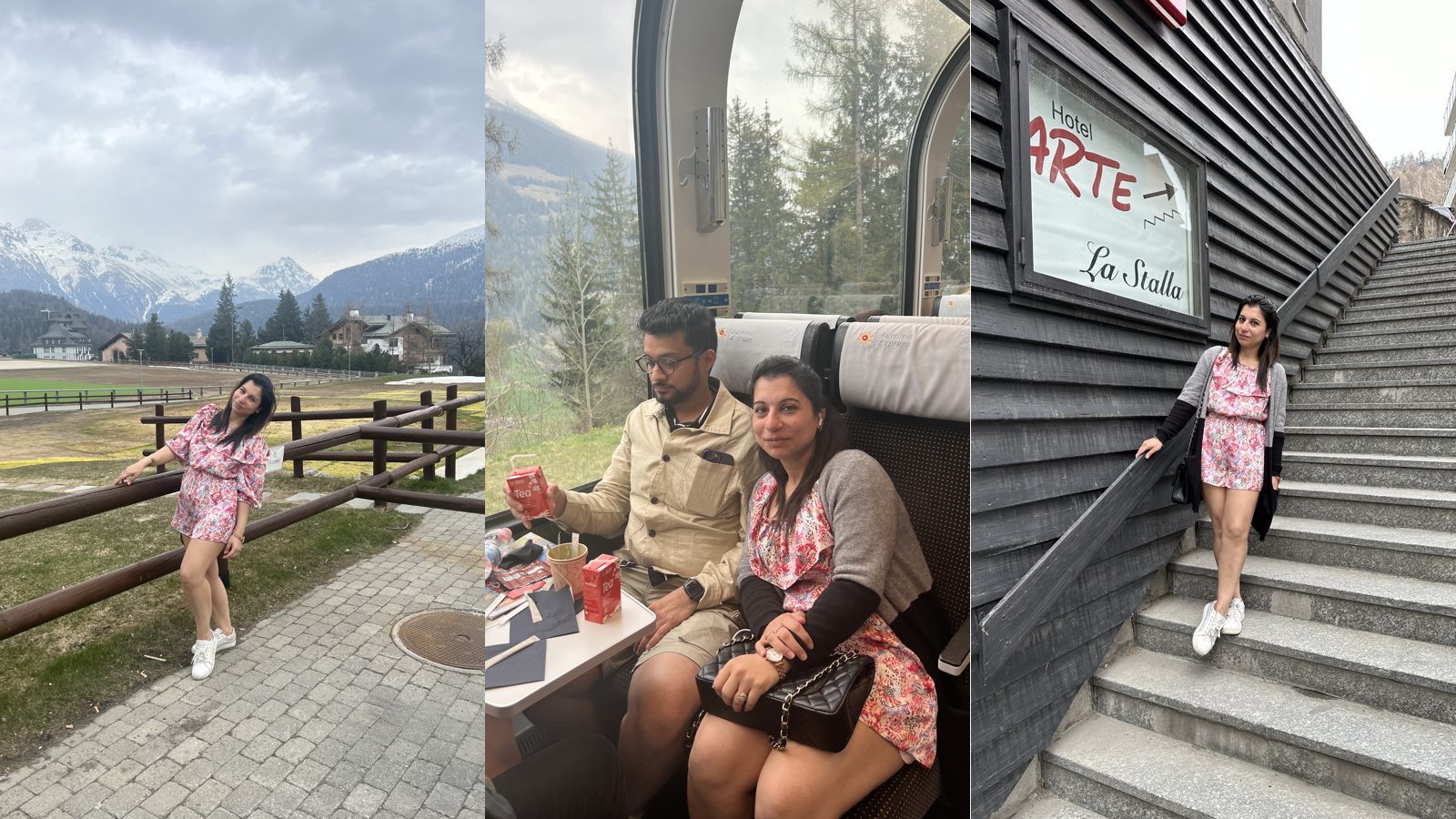 Swati in St. Moritz and on the Bernina Express train with her husband