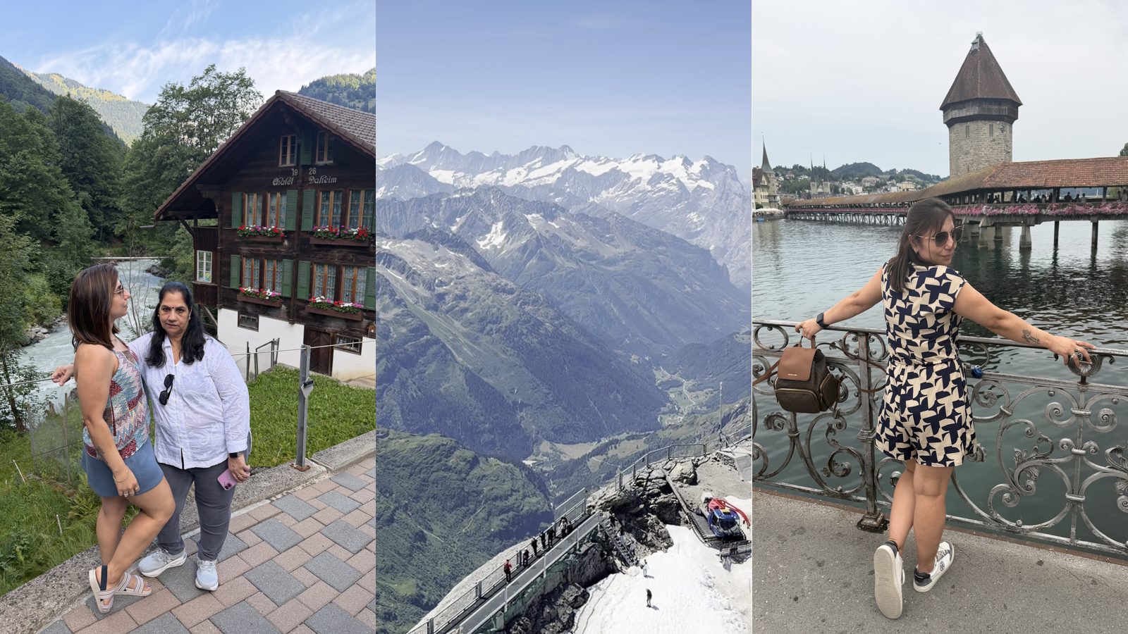 Swati and her mum in Interlaken, the view from Titlis and Swati at the Chapel Bridge in Lucerne