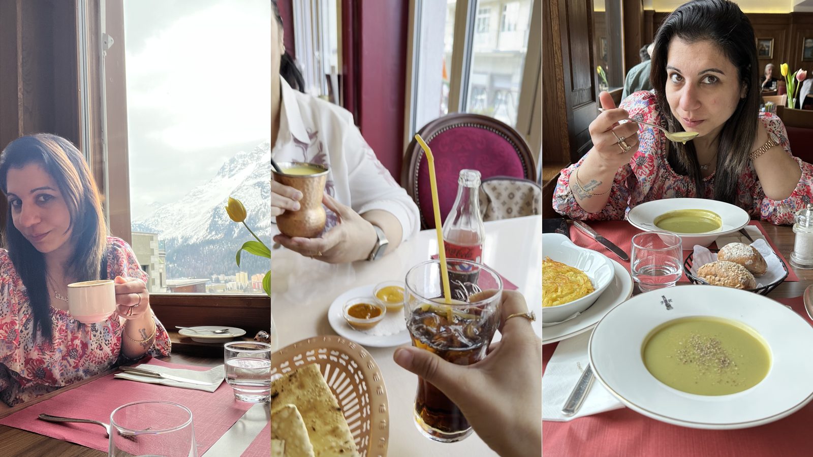 Swati enjoying tea, a cola and good food instead of alcohol