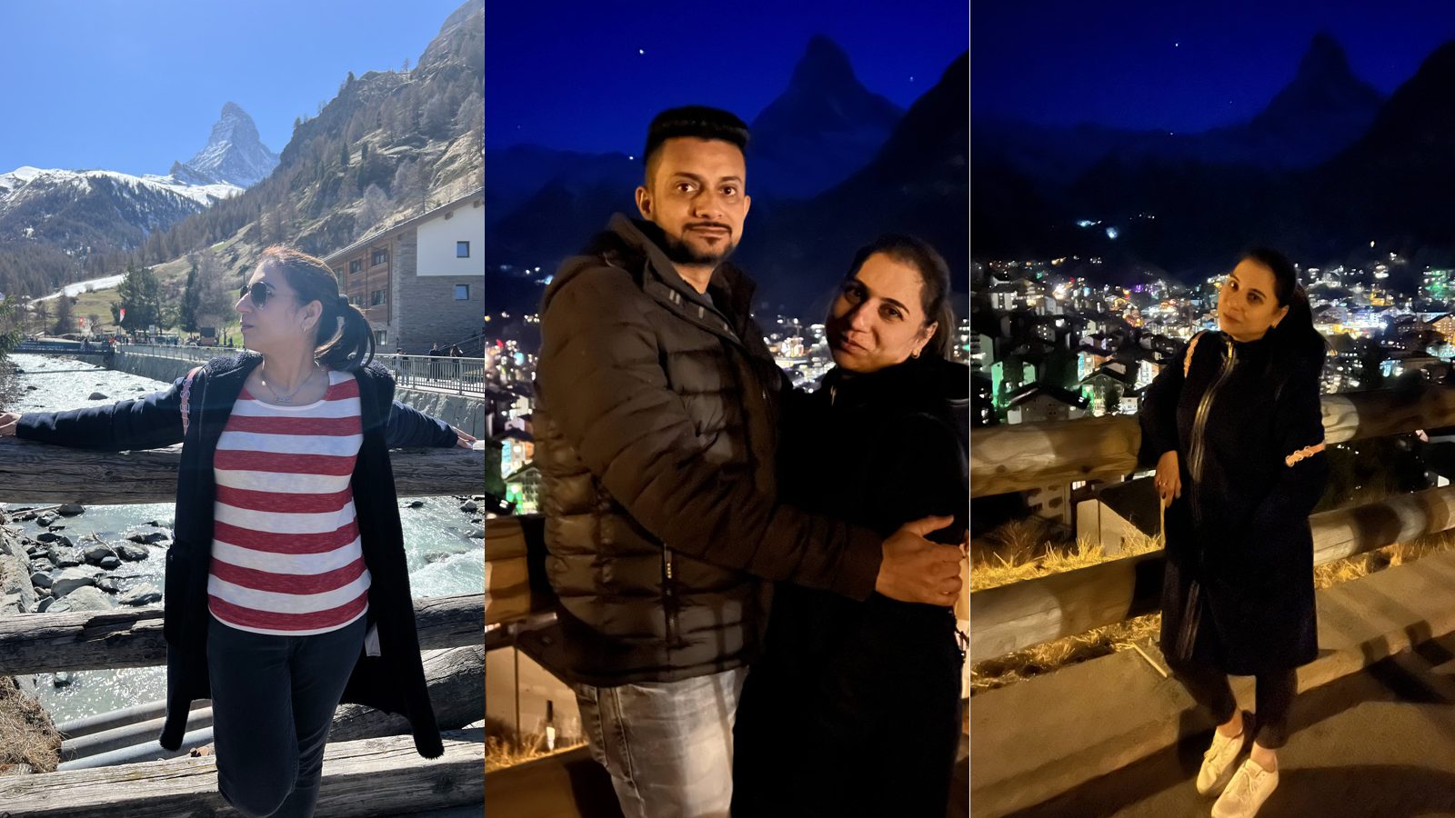 Swati in Zermatt with the Matterhorn behind her, by day and at night